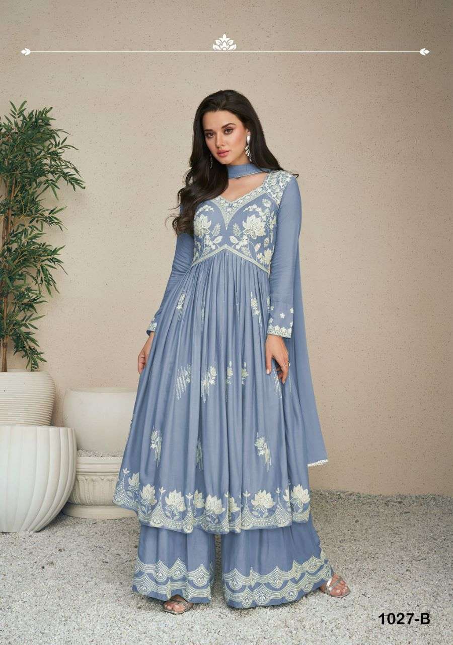 LAKHNAVI VOL 5 LIGHT COLOR HEAVY REYON LAKHNAQI WORK NAYRA CUT KURTI WITH PLAZZO AND NAZMIN DUPATTA BT VAMIKA BRAND 1002